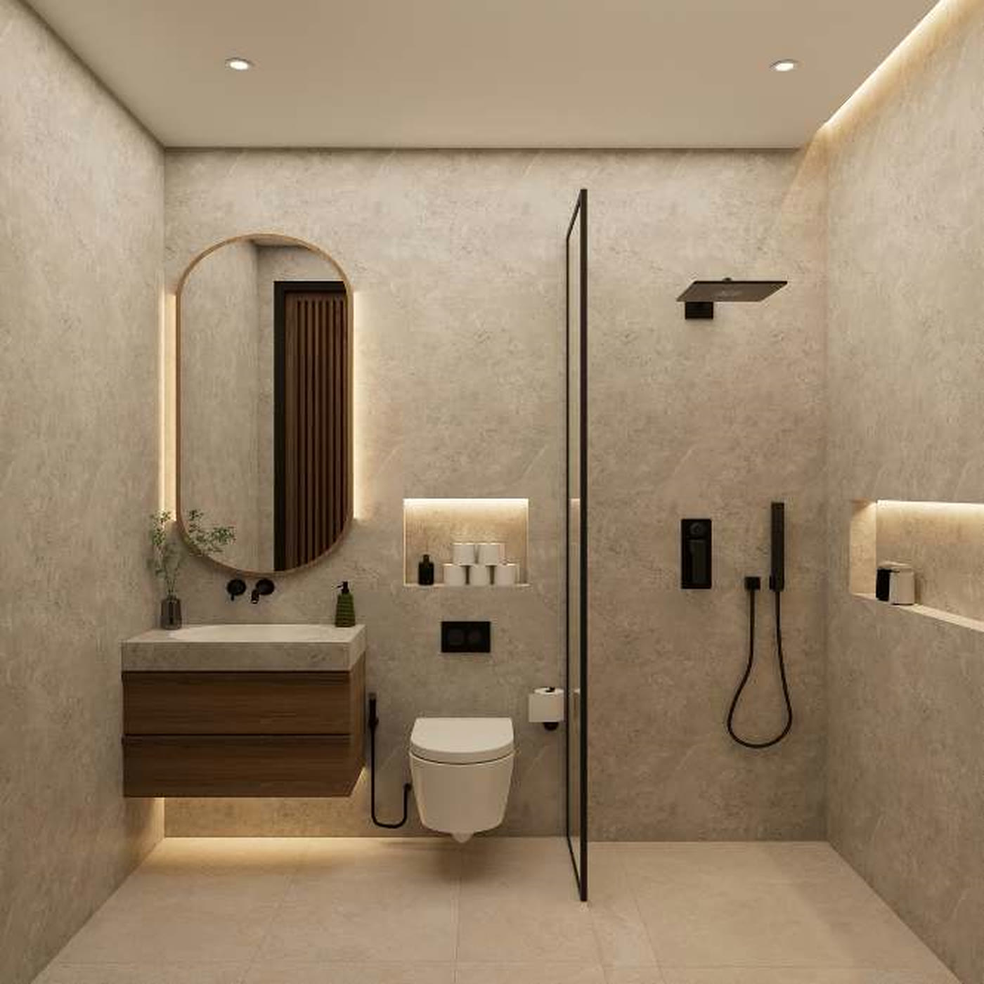 Villa bathroom — stone vanity and black-framed rain shower