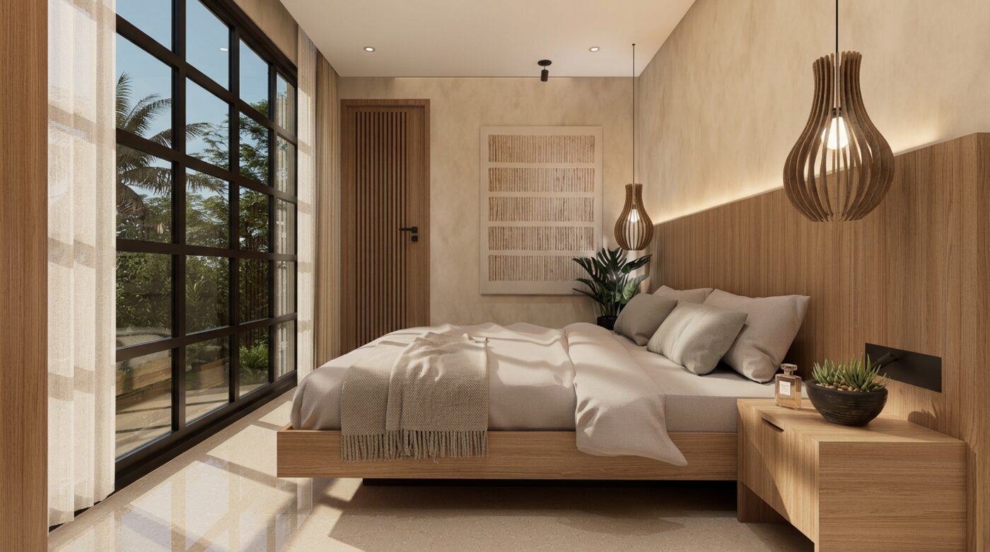 Villa bedroom — timber headboard wall, soft morning light
