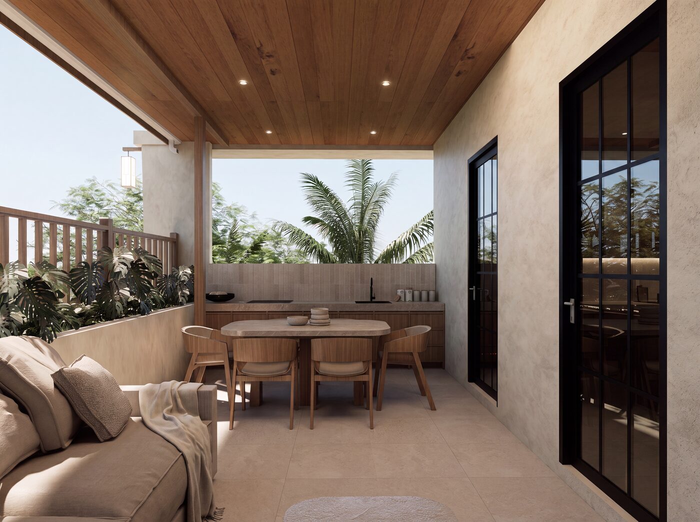 Villa rooftop terrace under a timber ceiling